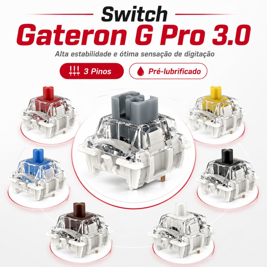 Switch Gateron G Pro 3.0 V3 3 Pinos Pré-Lubrificado para Teclado Mecânico RGB MX
