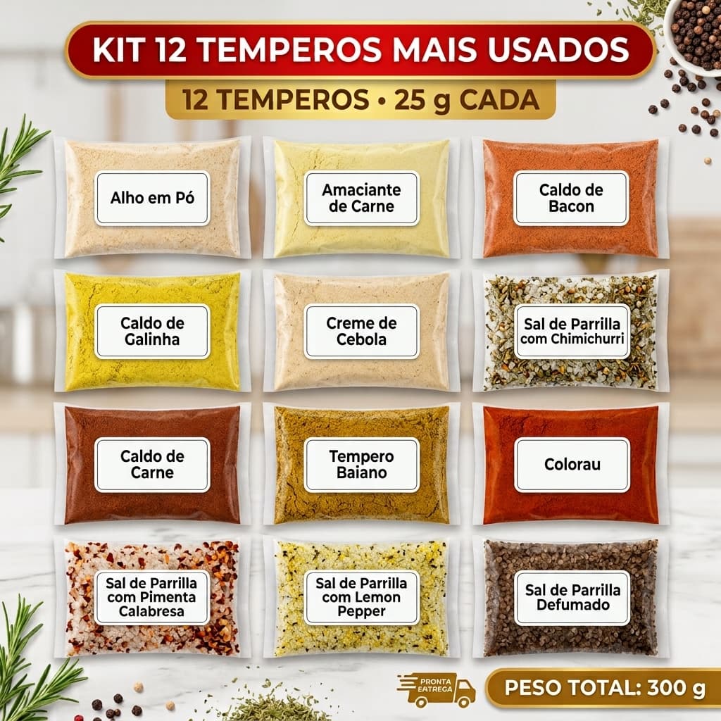 Kit 12 Temperos e Condimentos Mais Usados | 25g Cada | 300g
