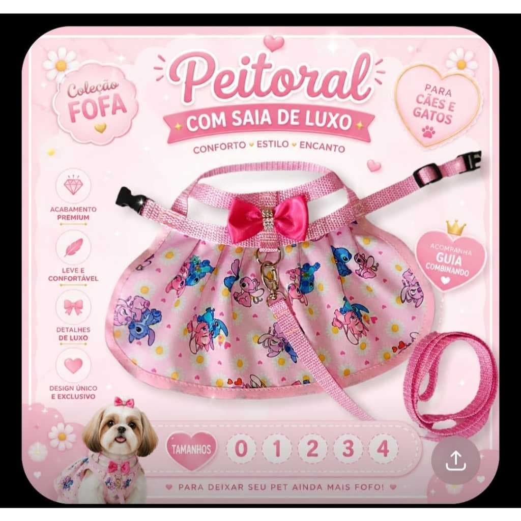 Peitoral Pet com Sainha Fofa + Guia de Luxo | Cachorro Gato Coelho - Passeios  Seguro e Confortável