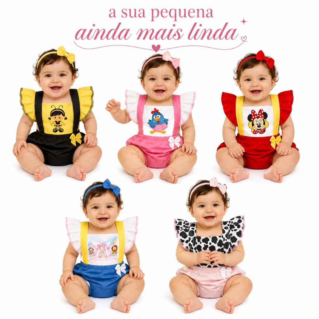 Conjunto Bebê Menina Jardineira com Babado / Roupa de Mesversário Bebê Menina Temática / Festas