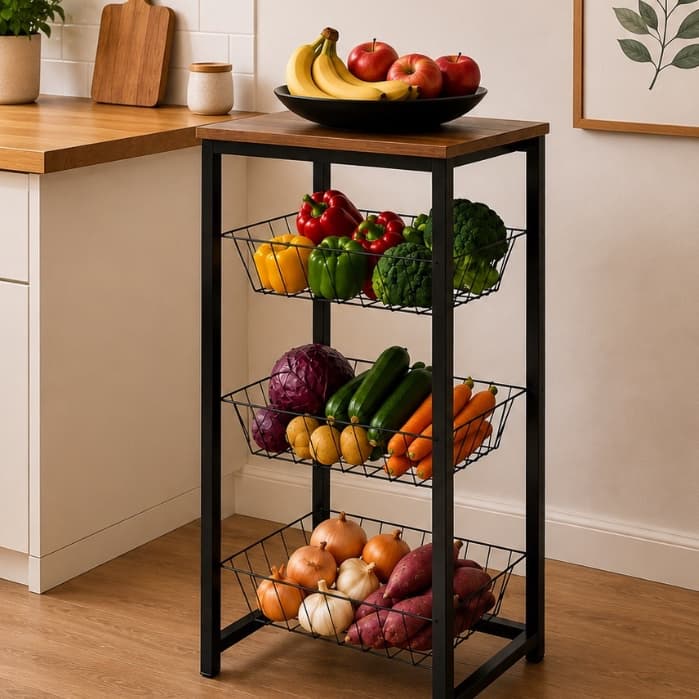 Fruteira Multiuso 3 Cestos com Tampo Madeira MDF Organizador Cozinha Moderna
