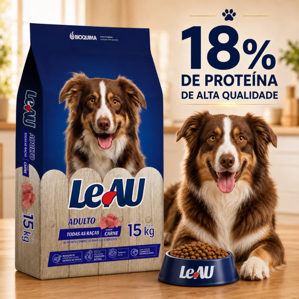 Ração para Cachorro Adulto Todas as Raças Sabor Carne 18% Proteína Sem Corantes LeAU 15kg