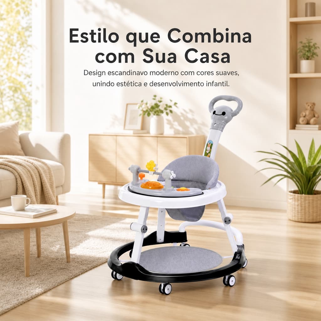 Andador para Bebê com Centro de Atividades, 4 Alturas, Luzes e Sons, Dobrável com Guidão – Cinza