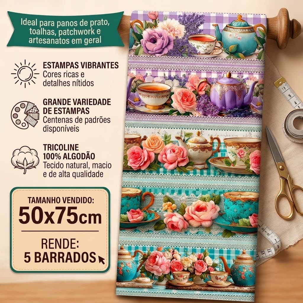 Tecido Tricoline Barrado 100% Algodão - 5 Faixas para Pano de Prato Patchwork e Artesanatos em Geral