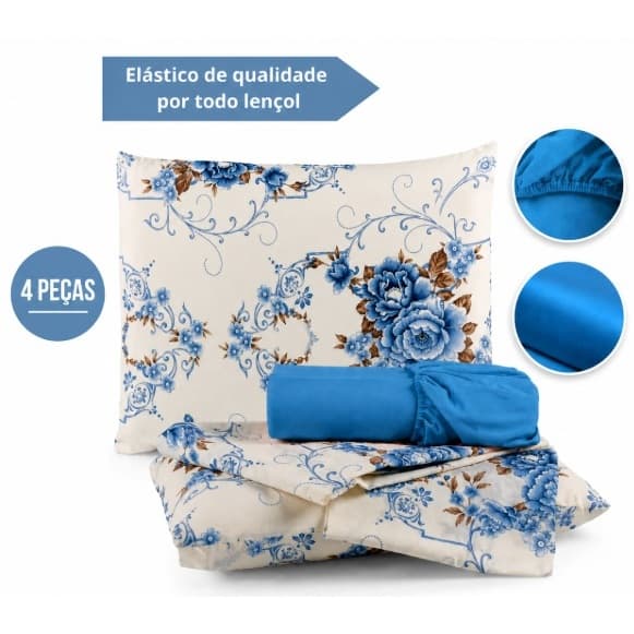 Kit Jogo de Lençol Cama Box Casal Queen 4 Peças C/ Elástico 1,98m x 1,58m x 0,30cm Estampas Sortidas