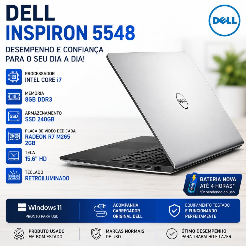 Notebook Dell Inspiron 5548 Core i7 8GB RAM SSD 240GB Radeon R7 M265 2GB
