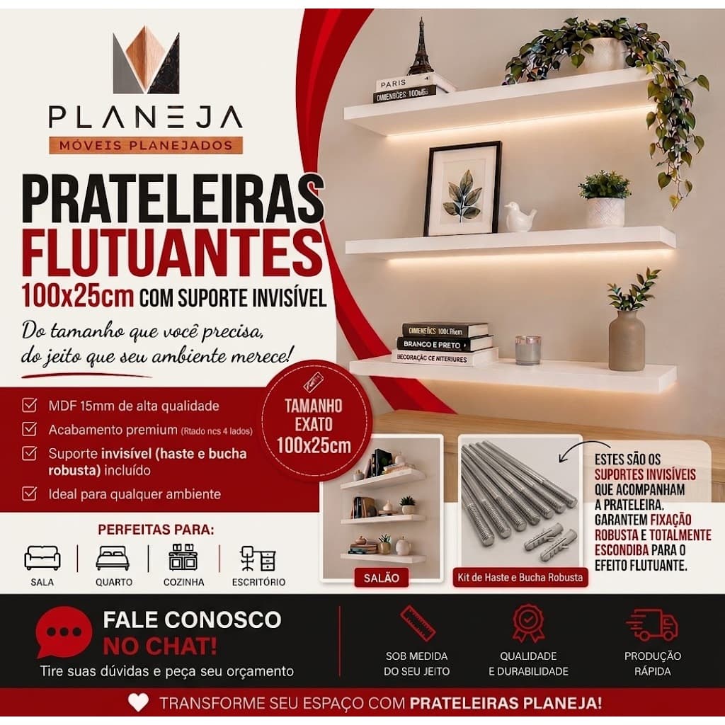 Prateleira em MDF 15mm Tamanho 100x25cm  Com Suporte Invisível  | Parede | Flutuante
