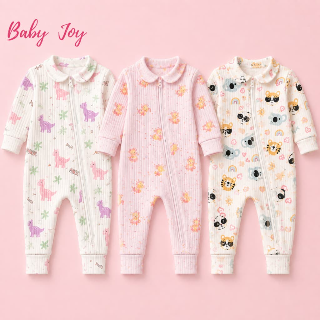 Kit 3 Macacão Roupa de Bebê Menina Menino Canelado Vira Pé com Proteção de Zíper RN ao G
