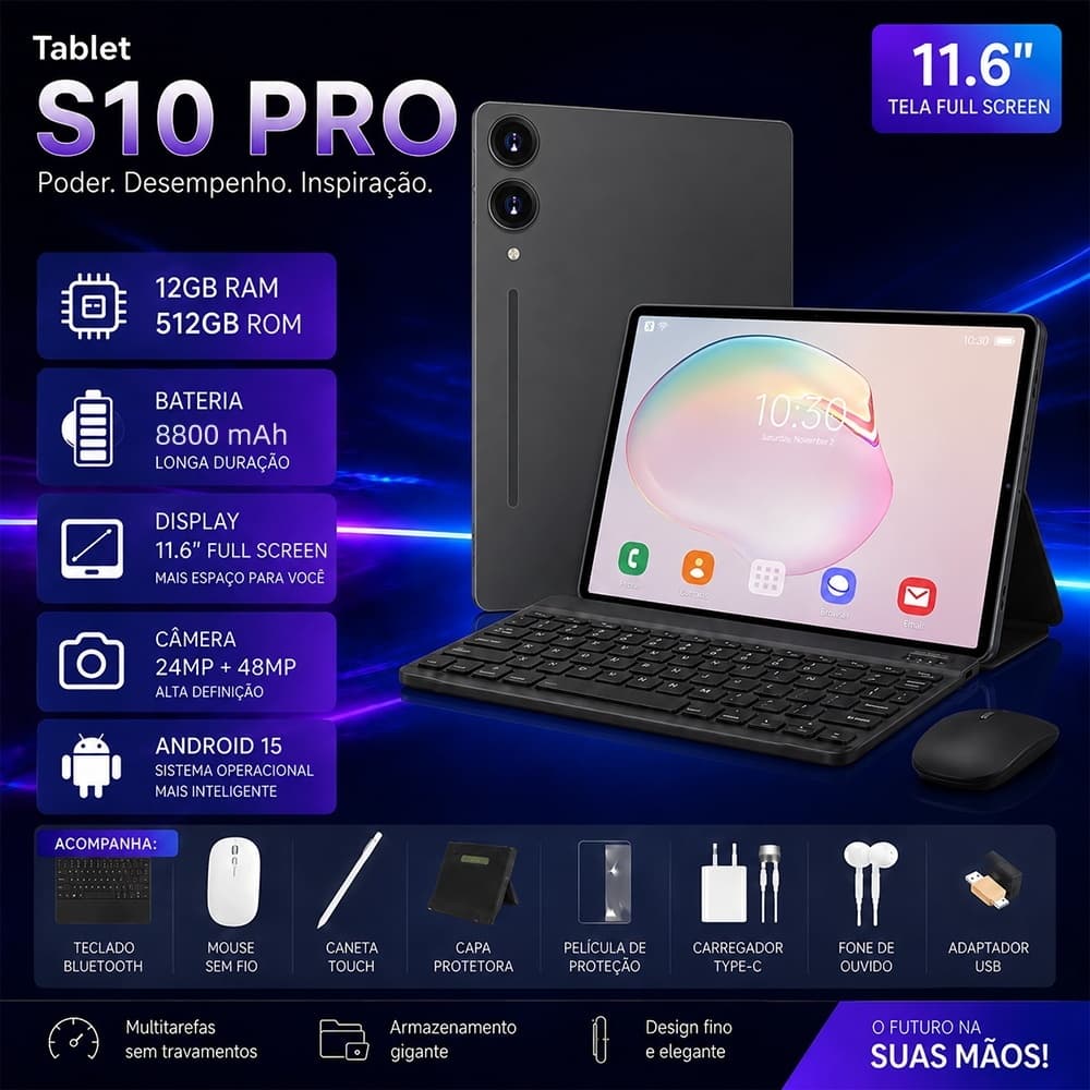 Tablet Galaxy S10 PRO with Keyboard and Mouse -11.6" inch 12GB+512GB Android 15 with 8800mAh Ideal for Studies and Games