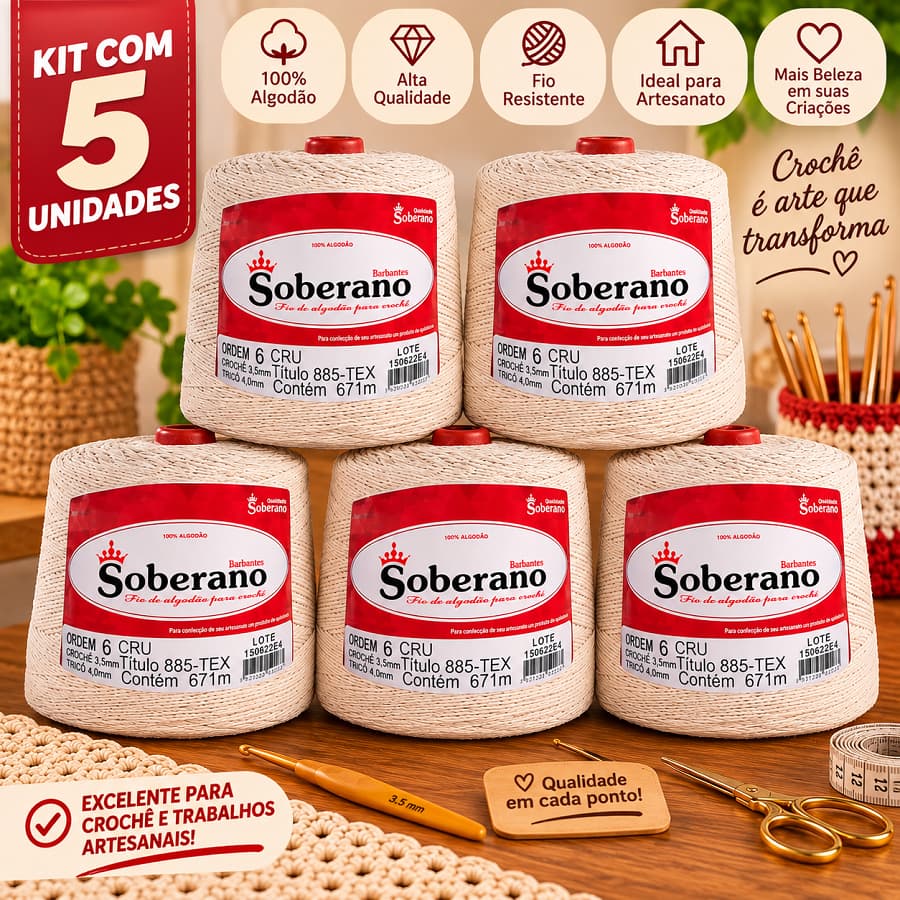 Kit 5 Barbantes Soberano Cru de 700 Gramas e Espessura Fio n° 6 Fio 100% Algodão para Crochê, Tricô e Artesanato