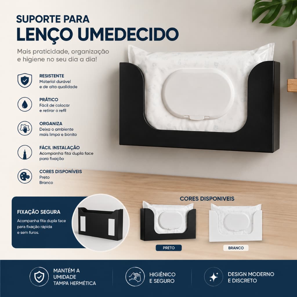 Suporte Para Lenço Umedecido Parede Organizador Toalha Dispenser Preto Branco Fixação Sem Furos Banheiro Quarto Bebê