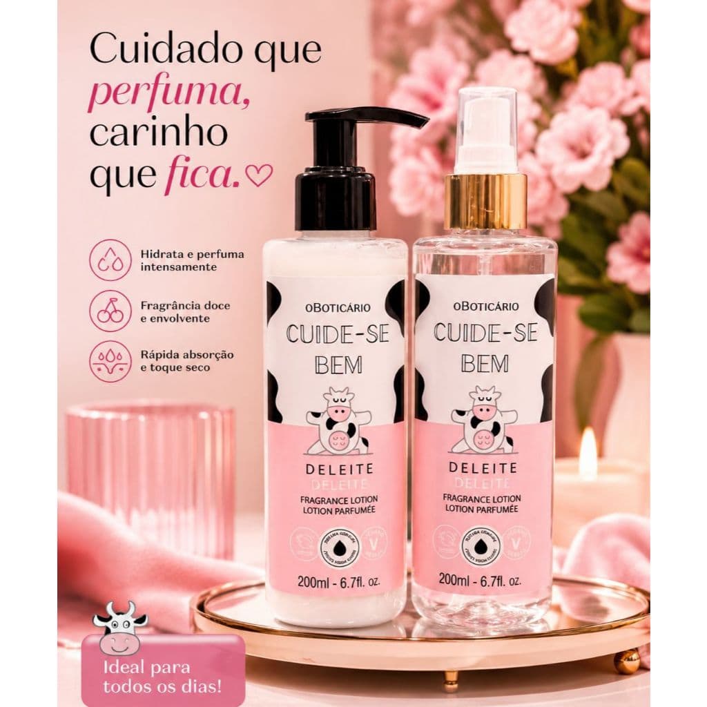 LOÇÃO HIDRATANTE PERFUMADA + BODY SPLASH 200ML – DELÍCIA Kit de cuidados corporais com loção hidratante perfumada e body