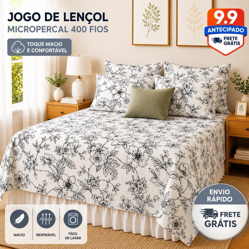 Kit Jogo de Cama Lençol Percal Casal Box Toque de Algodão Gigante 2,20x2,50 com 2 Fronhas Premium