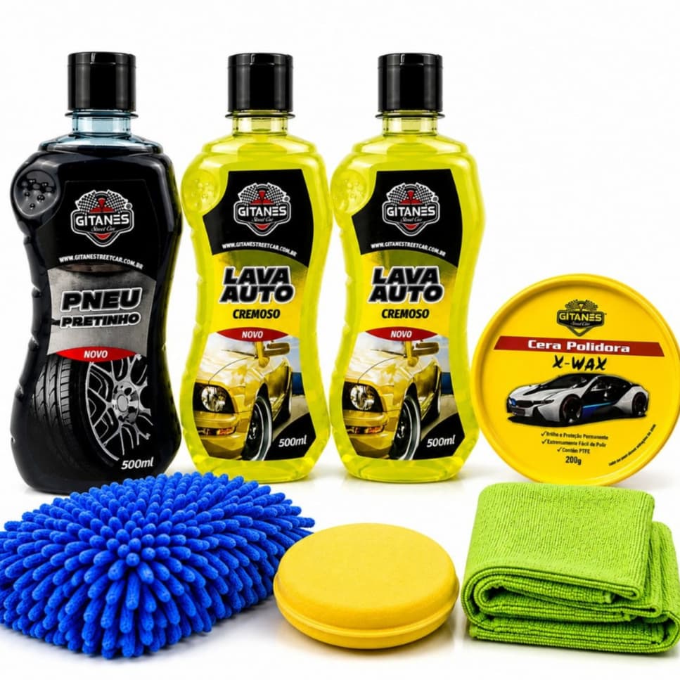 Kit Lavagem + Acabamento 2 Shampoo Pretinho Cera Luva e Pano Microfibra Aplicador Completo Auto Carro Moto Estética