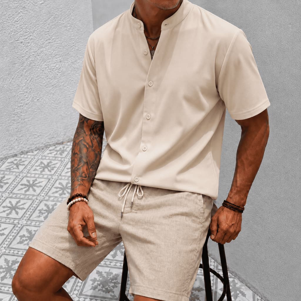 Camisa Social Masculina Gola Padre Slim Fit Manga Curta Premium