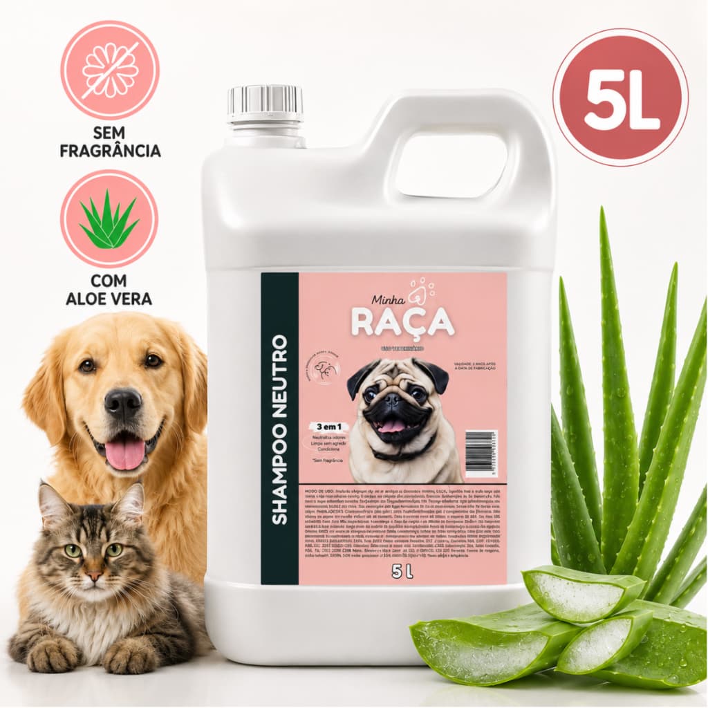 Shampoo Neutro 5L Minha Raça Cães e Gatos - Sem Fragrância - Aloe Vera para Pets Sensíveis