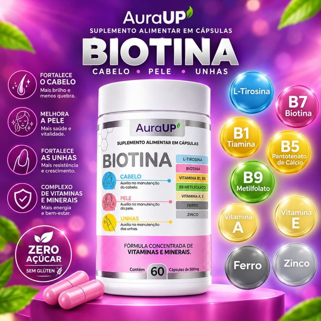 Biotina Concentrada ( Vitaminas B1 B5 B7 B9 A e E Ferro, Zinco ) Suplemento para Cabelo Pele e Unhas