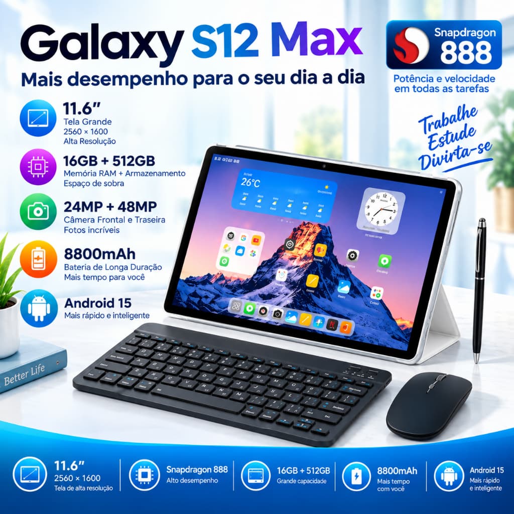 Galaxy S12 Max 16+512GB Android 15 Tela 11,6" FHD 8800mAh 5G LTE