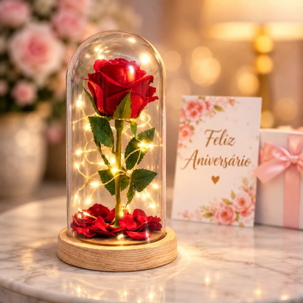 Luminária Abajur Rosa Encantada Led Decoração Romântica Dia das Mães Presente A Bela e a Fera