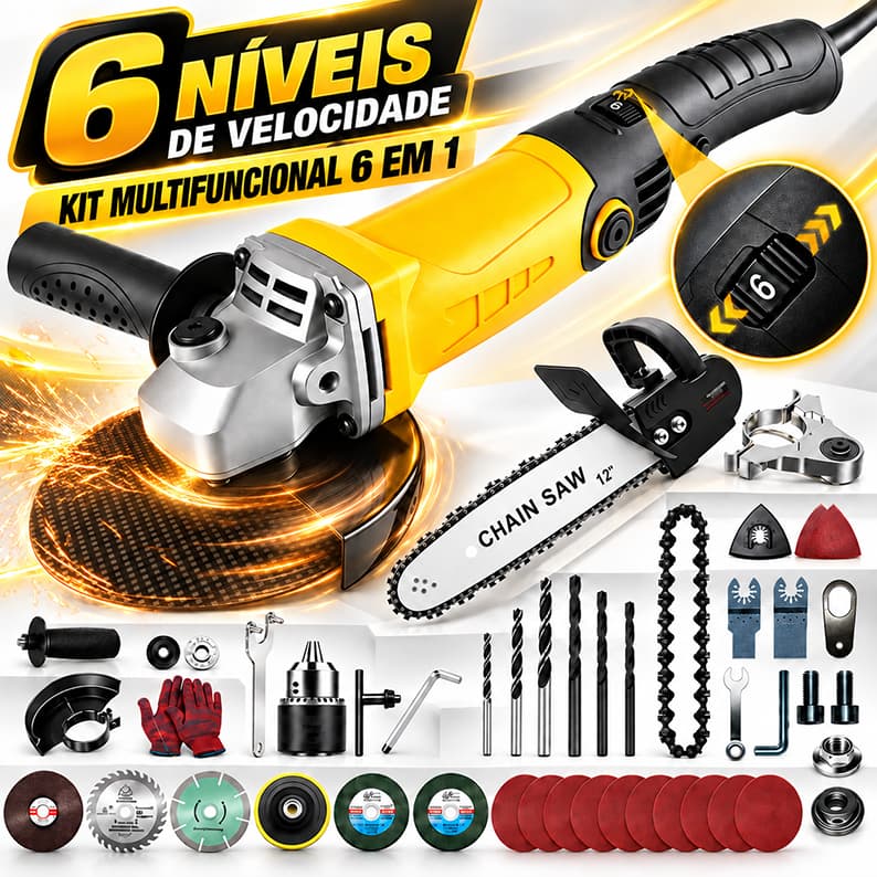 Esmerilhadeira Angular 6 em 1 950W 125mm Furadeira Politriz Serra 11000RPM 6 Velocidades