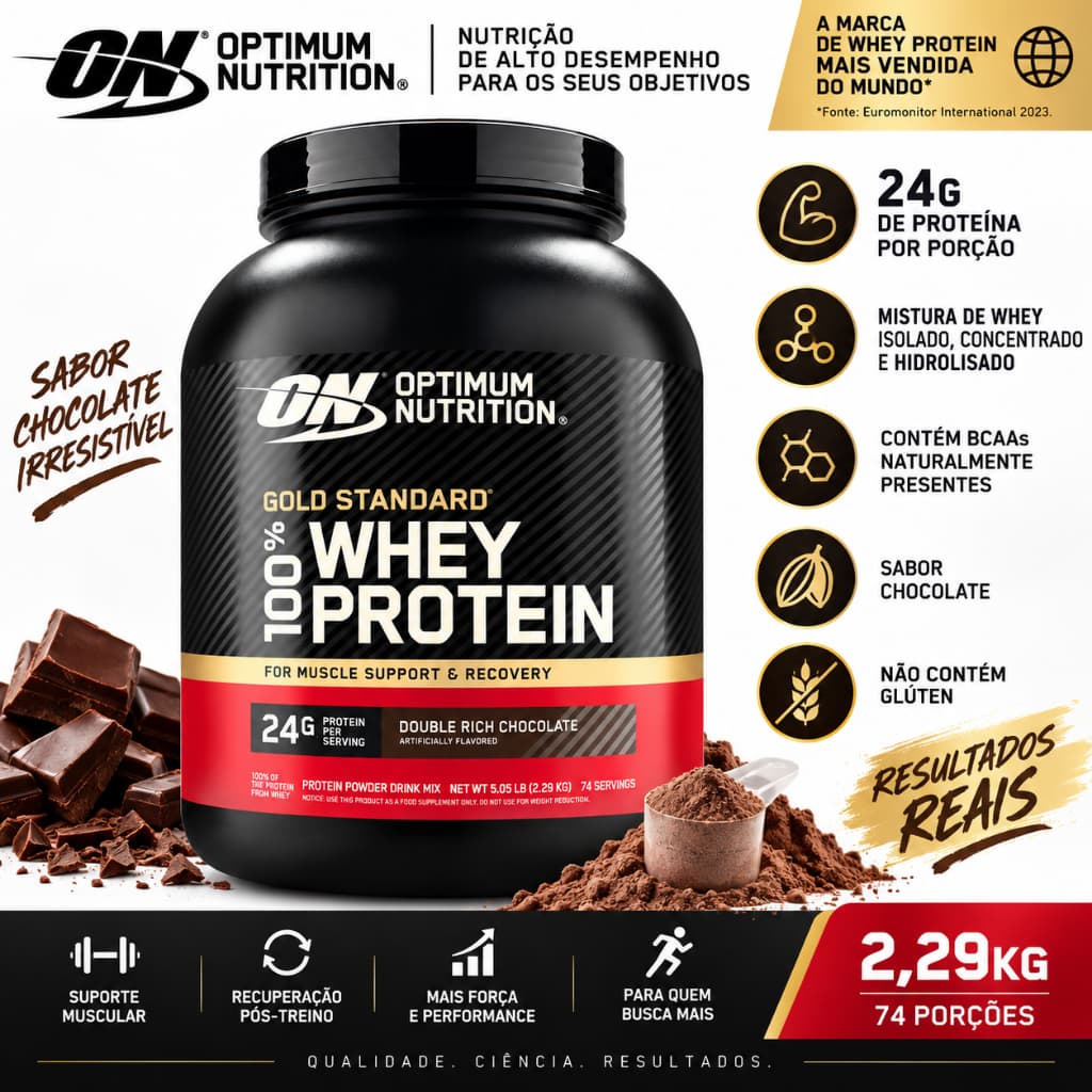 Whey Protein Gold Standard 100% Optimum Nutrition Chocolate 2,29kg 24g Proteína