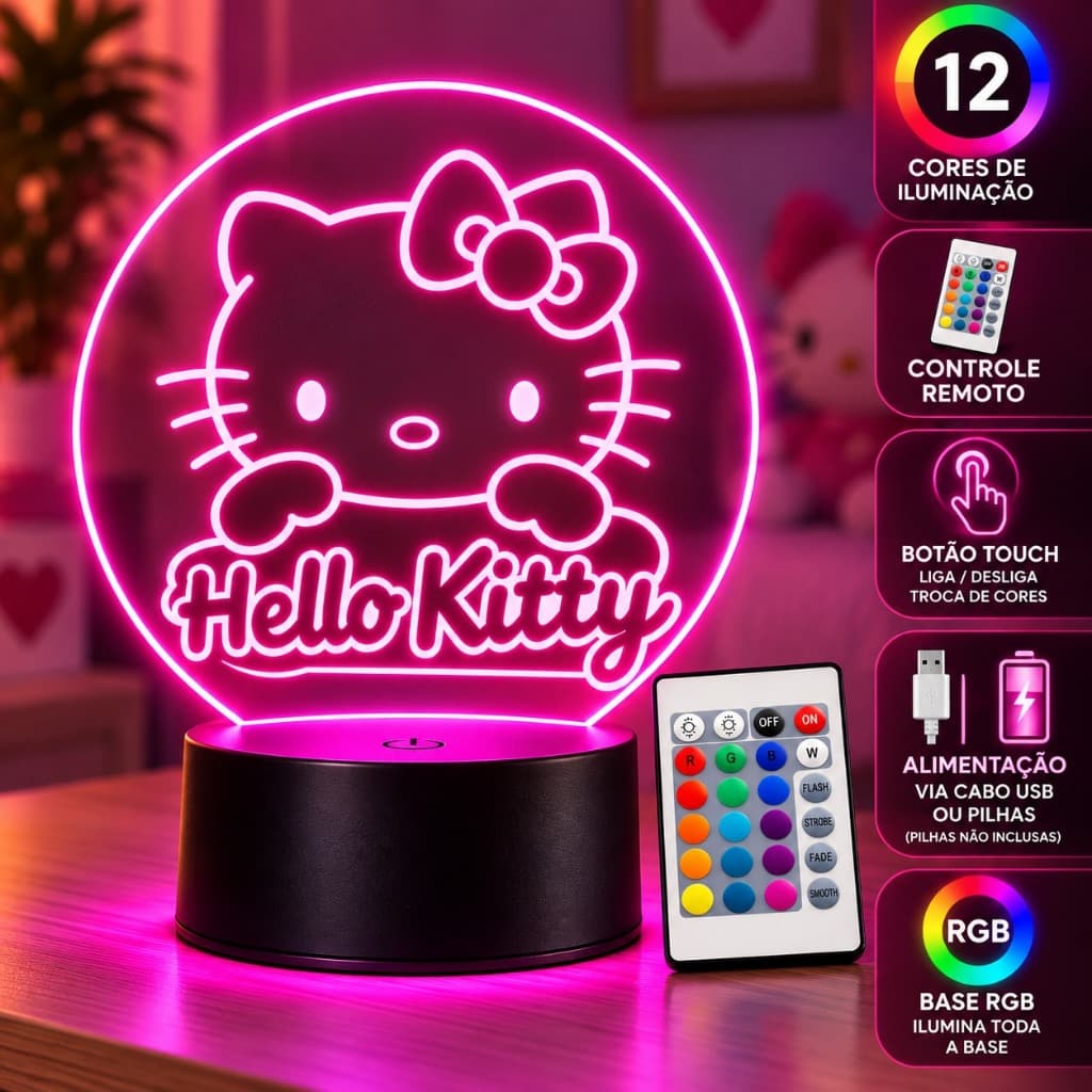 Luminária 3D Hello Kitty LED Multicolor 12 Cores com Controle Presente Infantil Decoração