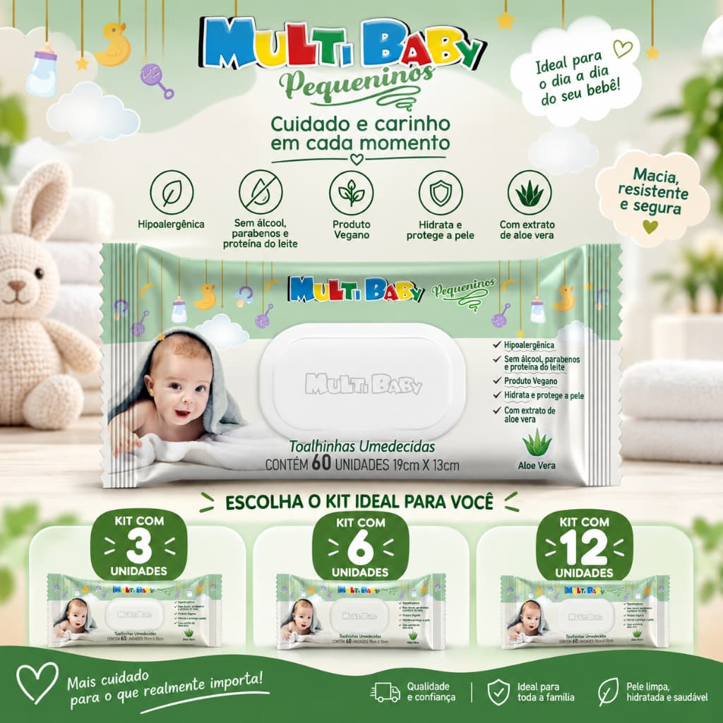 Lenço Umedecido Bebê Sem Álcool Kit até 12 Pacotes 60 Unidades Aloe Vera Pele Sensível Multi Baby