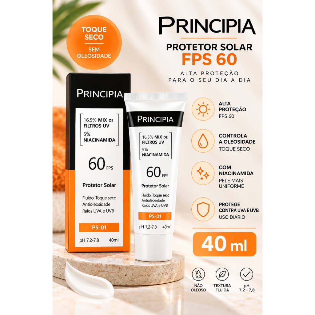 Protetor Solar Principia PS-01 FPS 60 40ml – Niacinamida 5% Antioleosidade Toque Seco