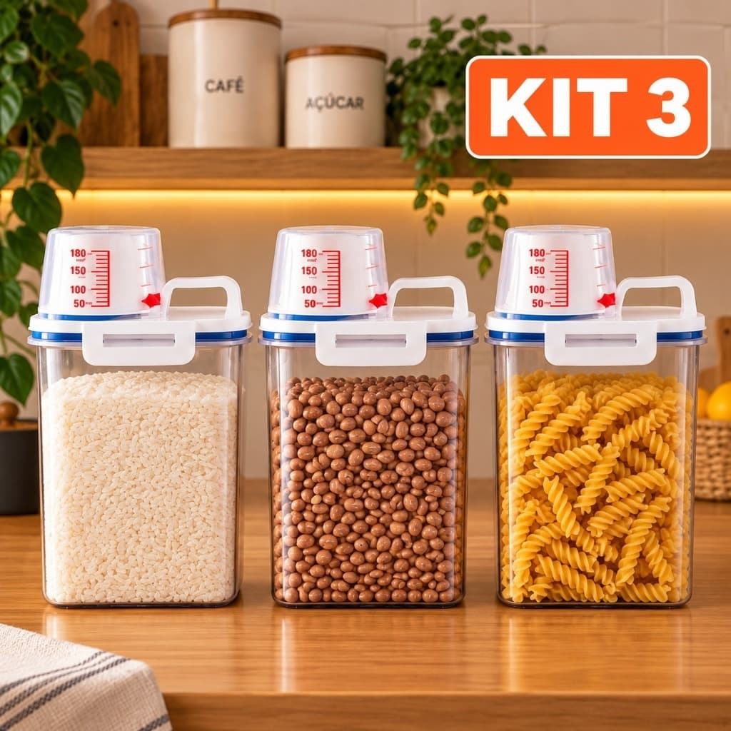 Kit 3 Potes 2,5L Herméticos com Copo Medidor e Dosador Anti Vazamento Multiuso Organizador Cozinha