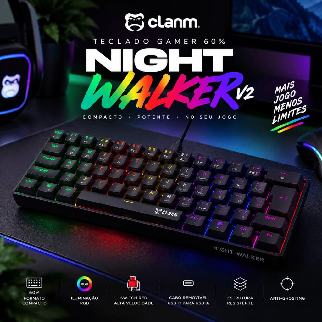Teclado Mecânico Gamer 60% Clanm Night Walker V2 RGB Switch Red ABNT2