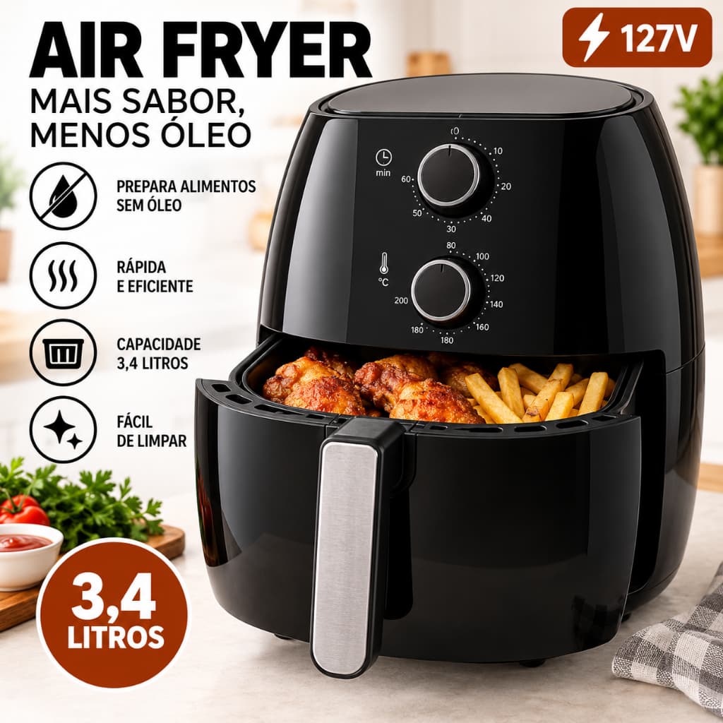 Fritadeira Sem Oleos Air Fryer Capacidade 34 Litros Potente Preto 127v