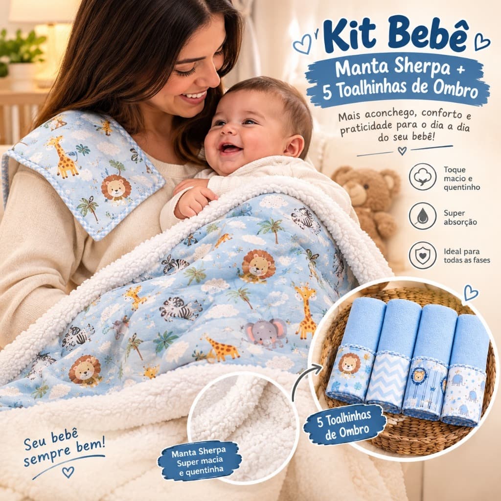 Kit Manta Sherpa Quentinha + 5 Toalhinhas de Ombro Algodão Infantil Macia Hipoalérgico Enxoval Bebê