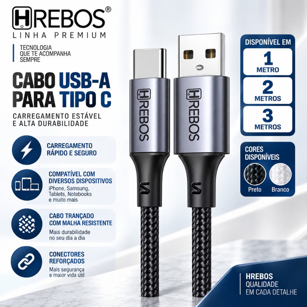 Cabo USB A para Tipo C 3.1A Hrebos Midnight Trançado Reforçado 1m 2m Samsung Xiaomi Motorola Iphone