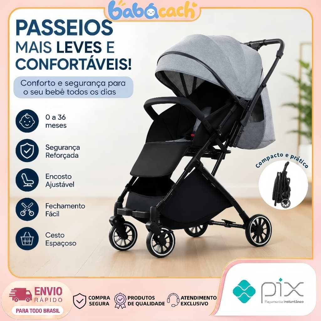 Carrinho de Bebê para Passeio Dobrável até 35kg com Cabo Reversível Estilo Guarda-chuva