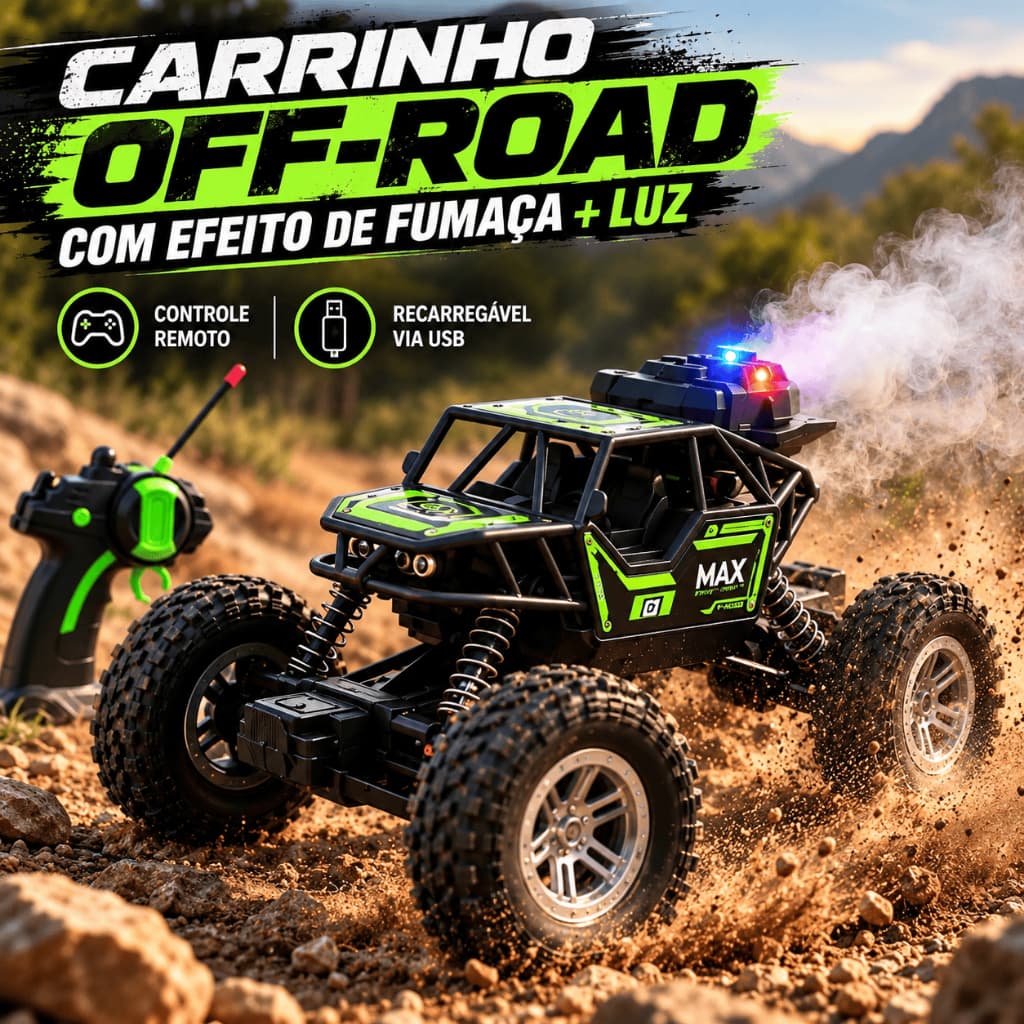 Carrinho Controle Remoto Off Road com Fumaça e Luz Traseira Recarregável USB Alta Velocidade