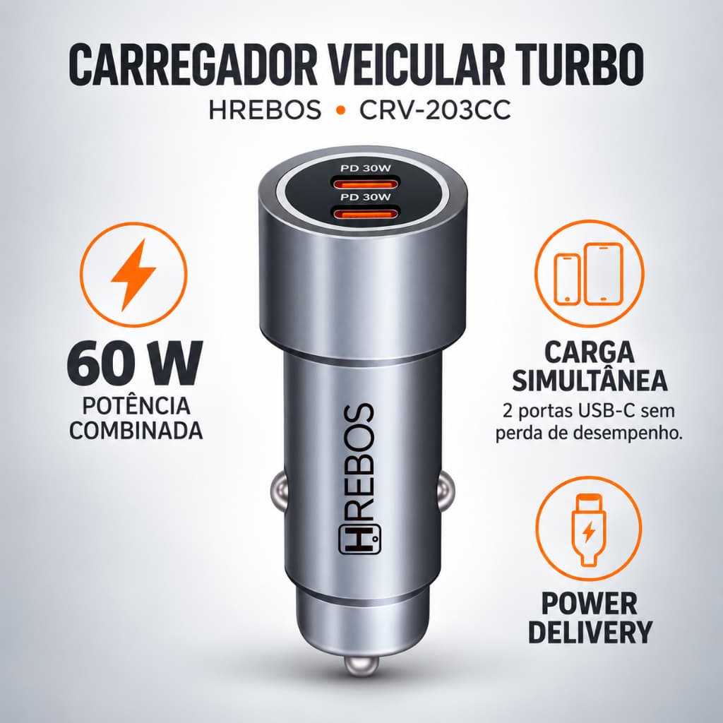 Carregador Veicular Hrebos CRV-203CI 60W Turbo Celular 2 Saídas USB e Type-C Premium Carga Rápida PD