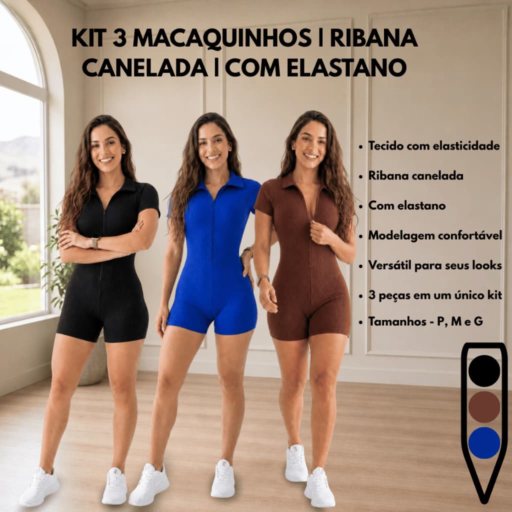 Kit 3 Macaquinhos Fitness Feminino Ripado Canelado Zíper Frontal Roupa de Academia Treino Esportivo Feminino