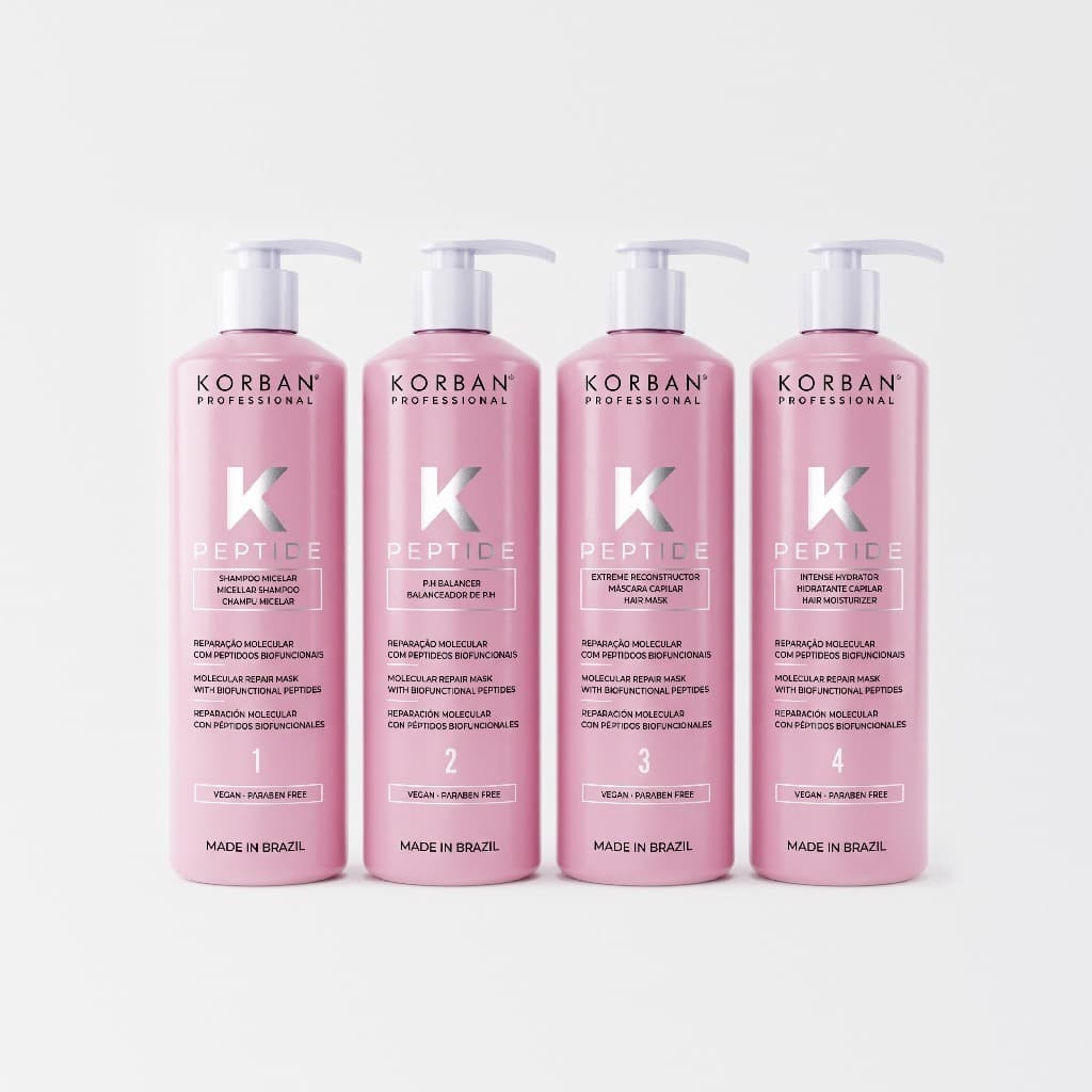Kit Korban K-Peptide Reconstrução Molecular 4 Passos Shampoo Micelar pH Balancer Máscara Hidratante Profissional