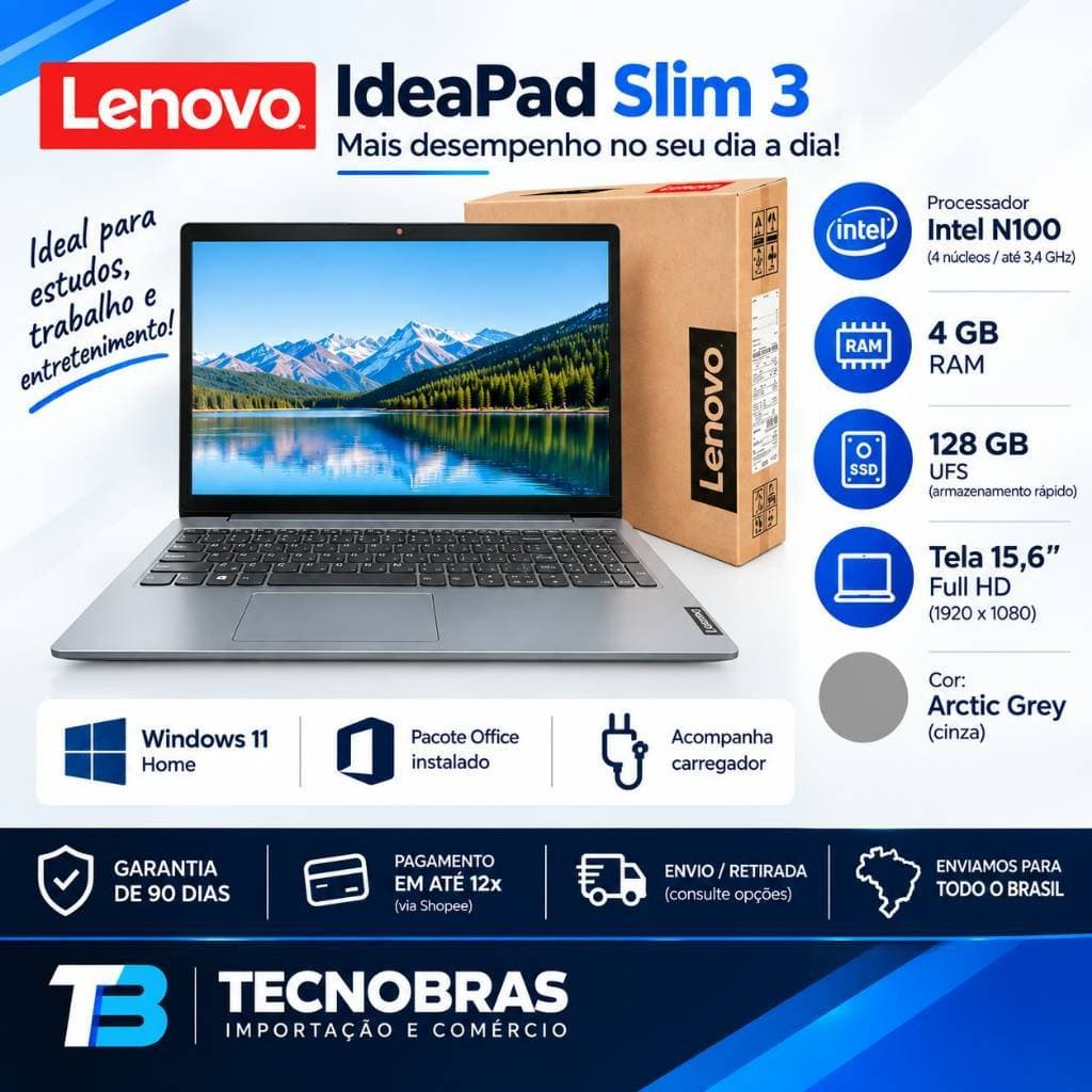Notebook NOVO Lenovo IdeaPad Slim 3 Intel N100 4GB RAM 128GB UFS Tela 15,6”