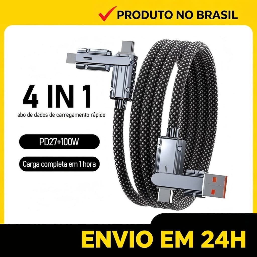Cabo Multifuncional 4 Portas - 240W Carga Rápida, Chip E-Mark, Flexível e Resistente