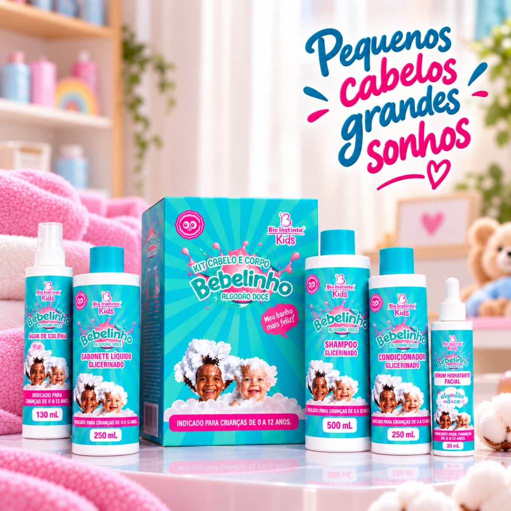 Kit Shampoo e Condicionador Infantil Bebelinho Algodão Doce + Sérum Hidratante Bio Instinto Kids 3 Itens