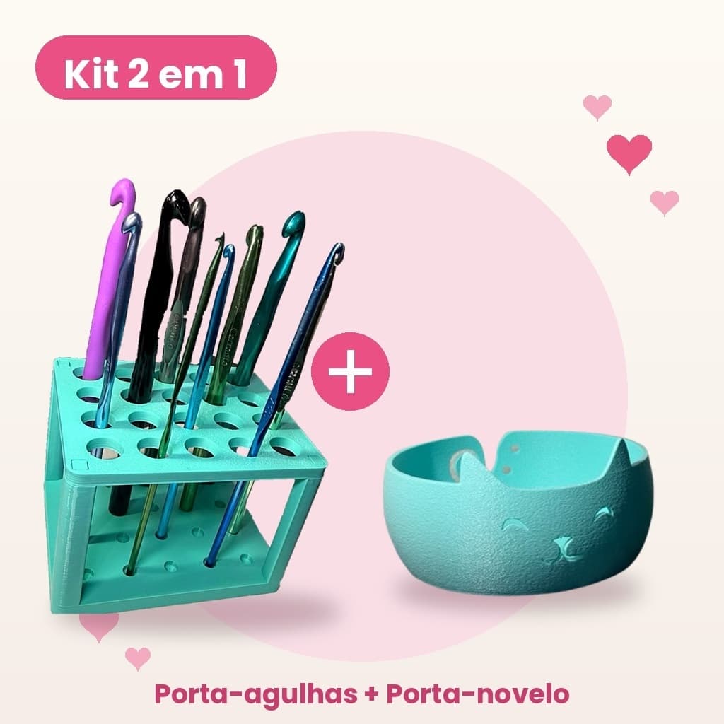 Kit Crochê Porta-Agulhas + Porta-Novelo Gatinho Organizador Barbante Crochê Tricô Amigurumi