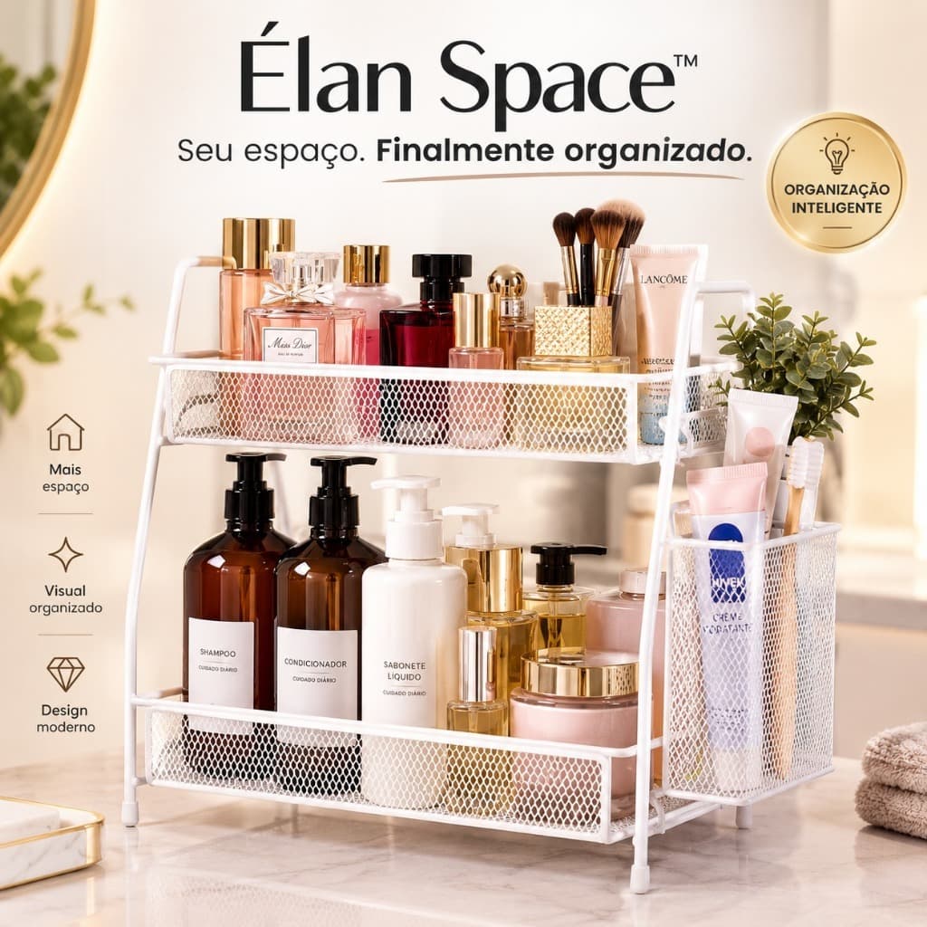 Organizador Multiuso 2 Andares Élan Space™ Aramado Branco para Banheiro Cozinha Cosméticos e Perfumes