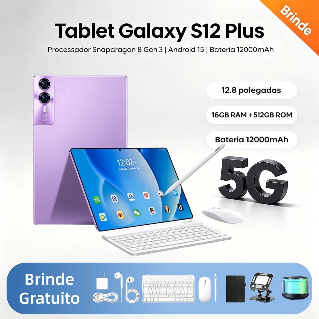 Tablet Galaxy S12 Plus 16 GB + 512 GB, 12,8 polegadas, 12.000 mAh, Android 15, teclado e mouse gratuitos