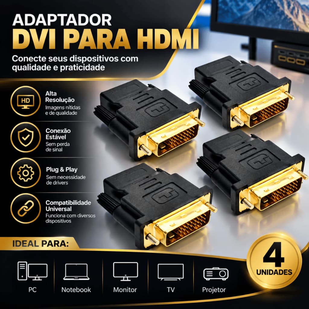 Kit 2/3/4 Conector Adaptador Dvi Hdmi Fêmea 24+1 Banhado FULLHD 1080P TV Notebook PC Gamer Projetor Vídeo Evento Revenda