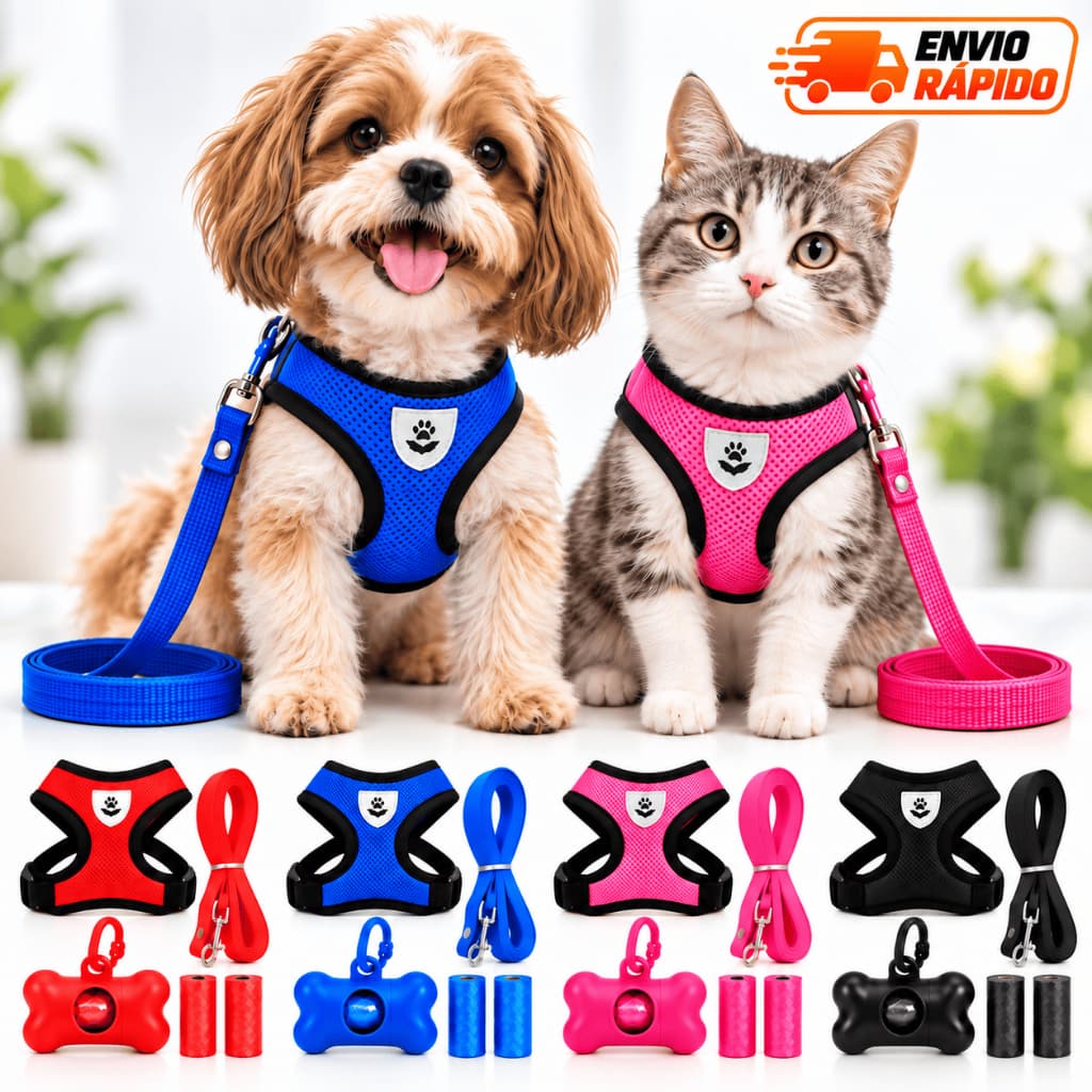Kit Coleira Peitoral Com Guia Cachorro Gato Porte Pequeno e Cata Caca 2 Refis Porta Saquinho Pet