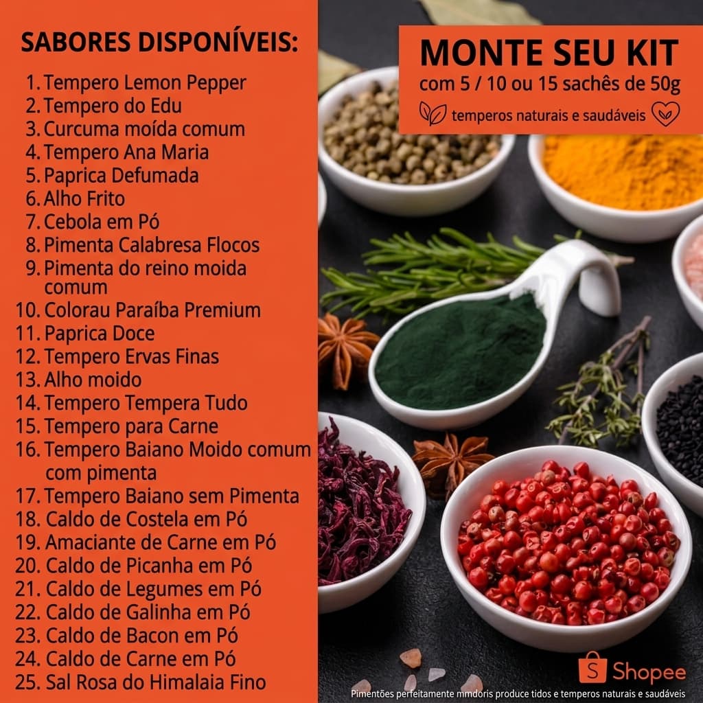 Monte seu Kit De Temperos E Condimentos Naturais 50g Cada Gramas Pura Chimichurri Páprica Lemon Pepper Cozinha Atacado