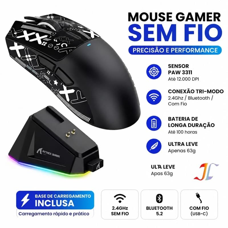 Mouse Gamer Sem Fio com Sensor PAW3311 Modo Triplo 2.4G/BT5.0 22000 DPI RGB e Base de Carregamento Magnético X3