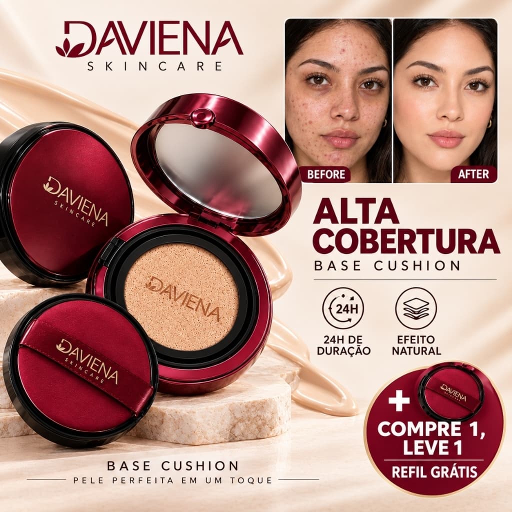 DAVIENA Smart Fit Cushion Base 24g, Base Matte Líquida, Cobertura Natural com Esponja, Creme BB CC, Longa Duração