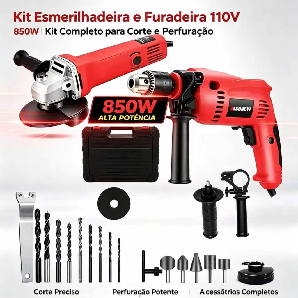 ALSONEW Kit 2 em 1 Furadeira de Percussão e Esmerilhadeira Angular | 850W | 110V | Ferramentas Elétricas para Obra